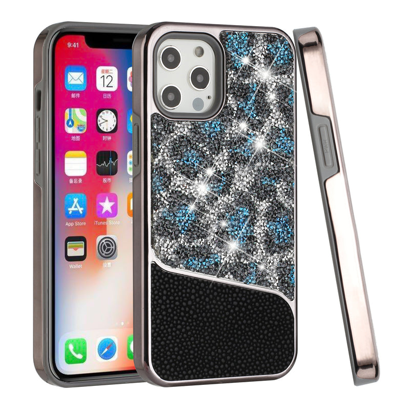 For Apple iPhone 14 PRO MAX 6.7" Bling Animal Design Glitter Hybrid Case Case - Blue Leopard