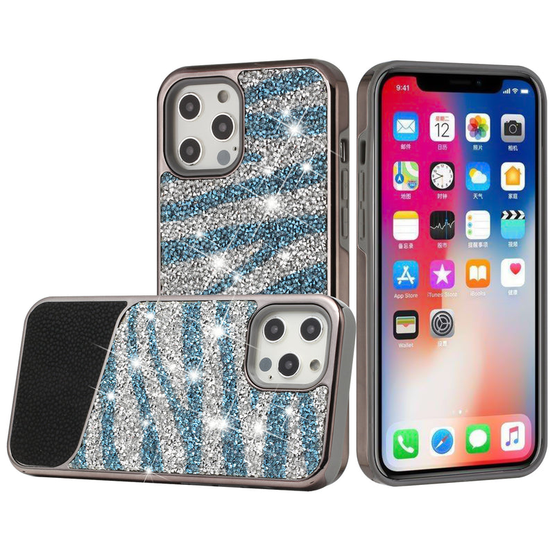 For iPhone 14 PLUS Bling Animal Design Glitter Hybrid Case Case - Blue Zebra