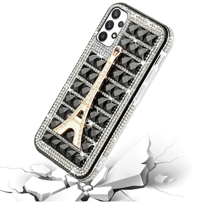 For Samsung A32 5G Ornament Bling Diamond Shiny Crystal Case Cover - Eiffel Tower on Black