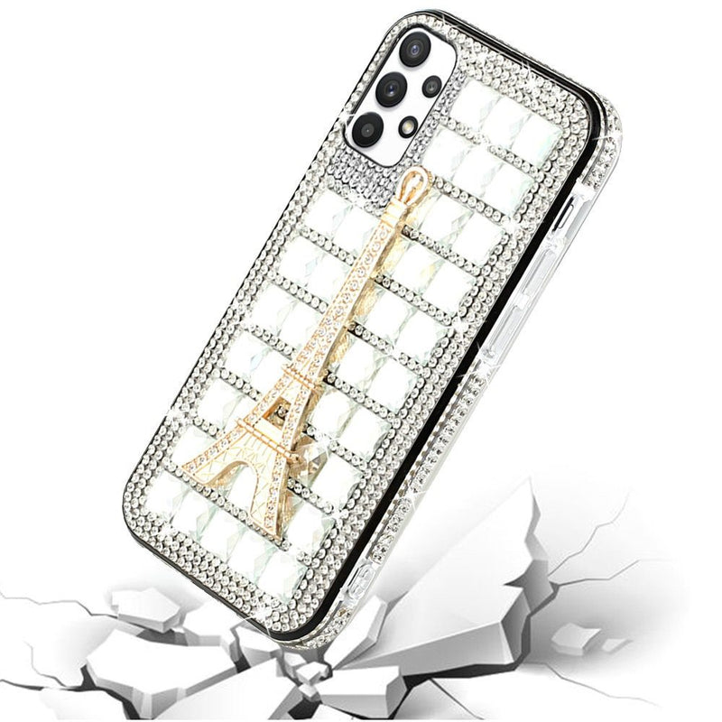 For Samsung A32 5G Ornament Bling Diamond Shiny Crystal Case Cover - Eiffel Tower on Silver