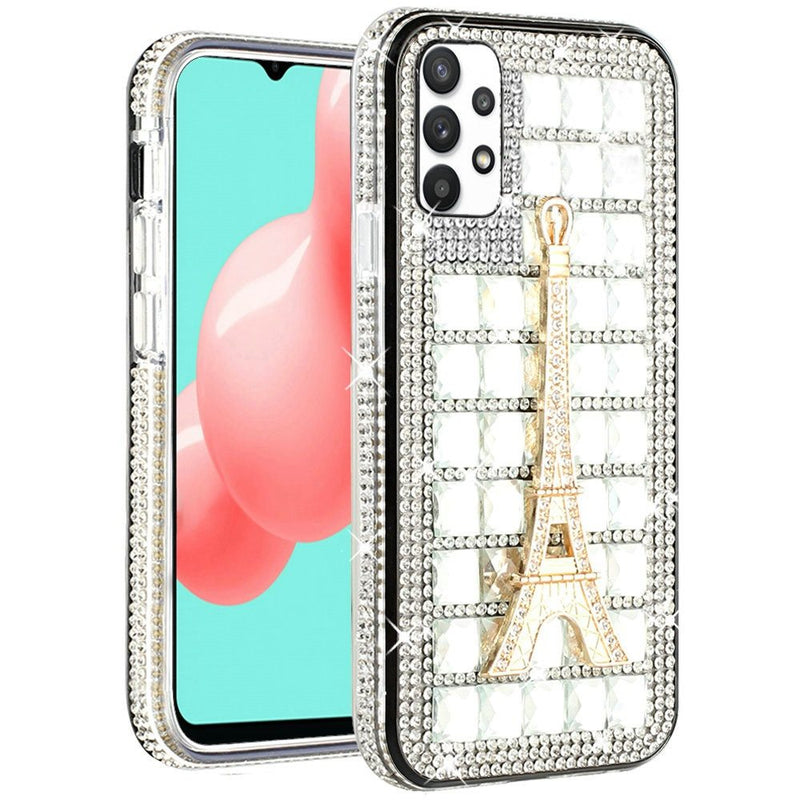 For Samsung A32 5G Ornament Bling Diamond Shiny Crystal Case Cover - Eiffel Tower on Silver