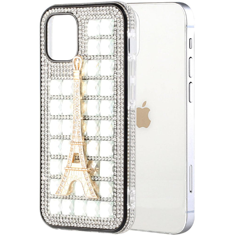 For iPhone 12 Pro Max 6.7 Ornament Bling Diamond Shiny Crystal Case Cover - Eiffel Tower on Silver