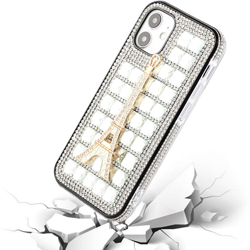 For iPhone 12 Pro Max 6.7 Ornament Bling Diamond Shiny Crystal Case Cover - Eiffel Tower on Silver