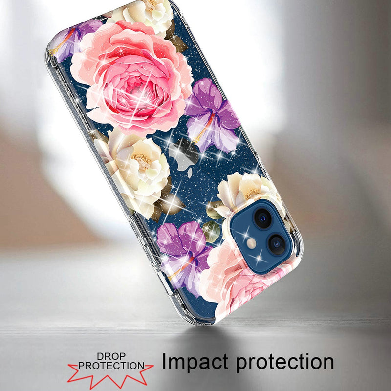 For iPhone 12 Pro Max 6.7 BLOOM 2.5mm Floral Glitter TPU Design Case Cover - B