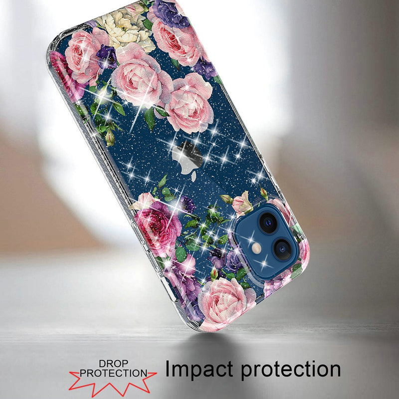For iPhone 12 Pro Max 6.7 BLOOM 2.5mm Floral Glitter TPU Design Case Cover - E