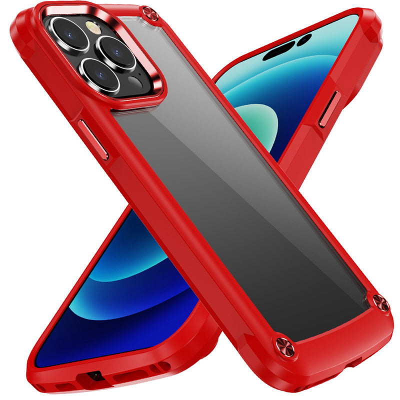 For Apple iPhone 14 PRO MAX 6.7" Ultimate CaseX Transparent Hybrid Case with Metal Buttons And Camera Edges - Red