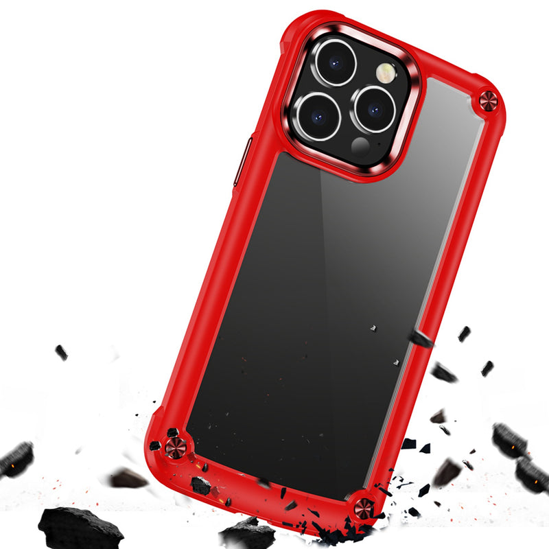 For Apple iPhone 14 PRO 6.1" Ultimate CaseX Transparent Hybrid Case with Metal Buttons And Camera Edges - Red