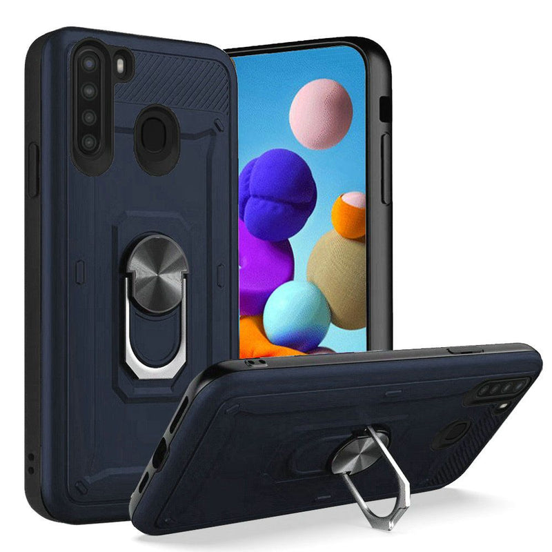 For Samsung Galaxy A21 Champion Magnetic Ring Kickstand Case Cover - Dark Blue (Blister)