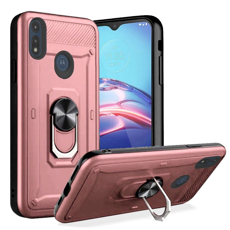 For Motorola Moto E (2020) Champion Magnetic Ring Kickstand Case Cover - Rose Gold