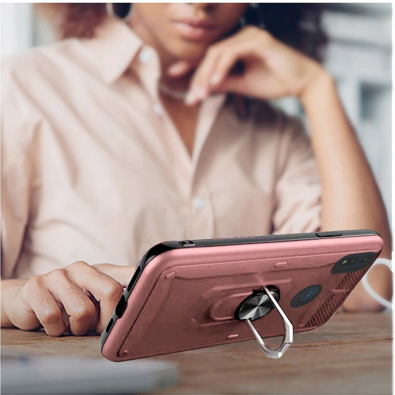 For Motorola Moto E (2020) Champion Magnetic Ring Kickstand Case Cover - Rose Gold