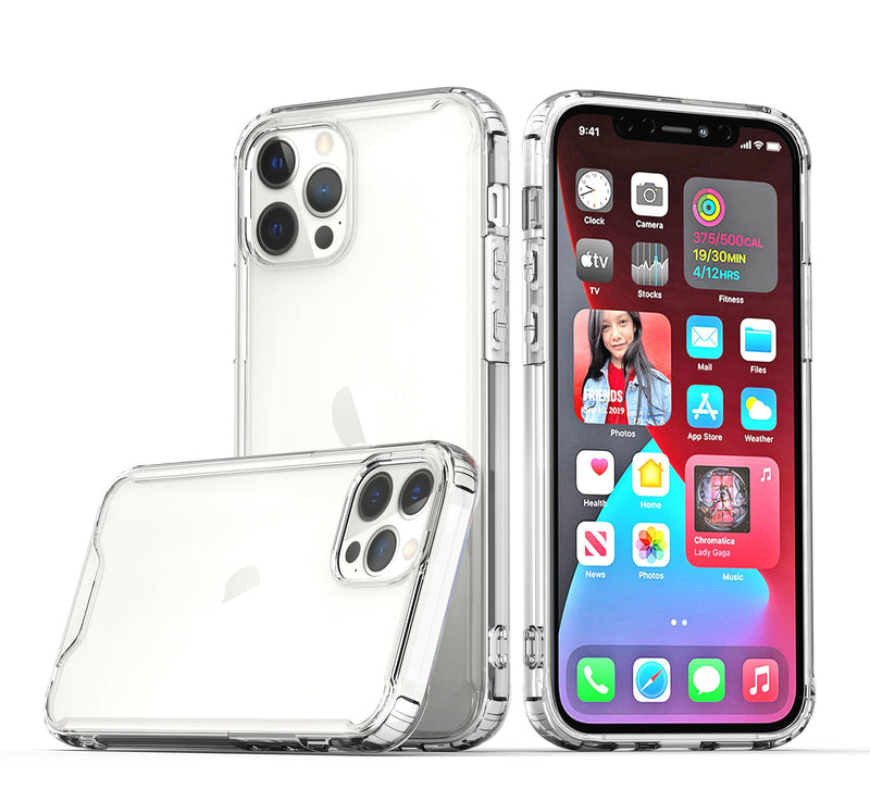 For iPhone 13 Pro Max Colored Shockproof Transparent Hard PC TPU Hybrid Case Cover - Clear/Clear