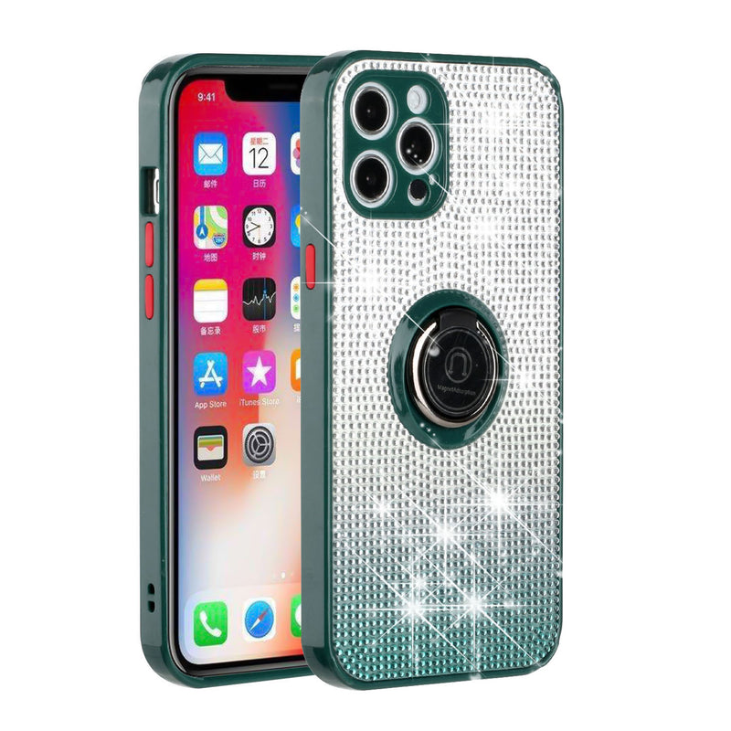 For iPhone 12 Pro Max 6.7 Crystal Diamond Bling Magnetic Ring Stand Case Cover - Two Tone P