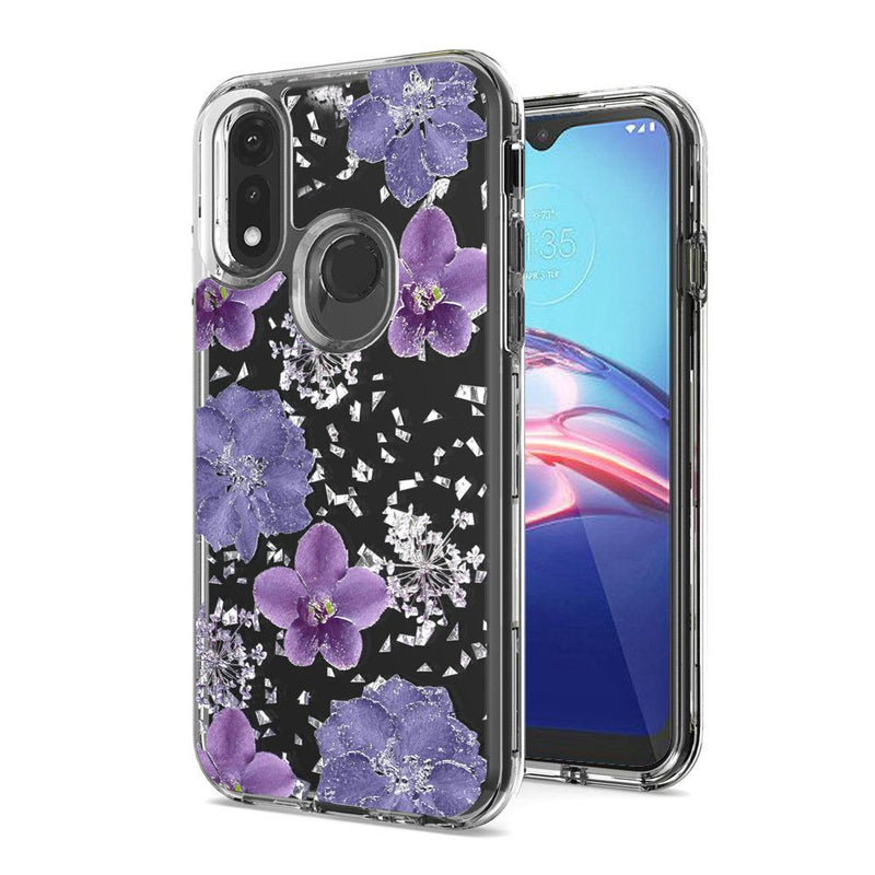 For Motorola Moto E (2020) Floral Glitter Design Case Cover - Purple Flowers