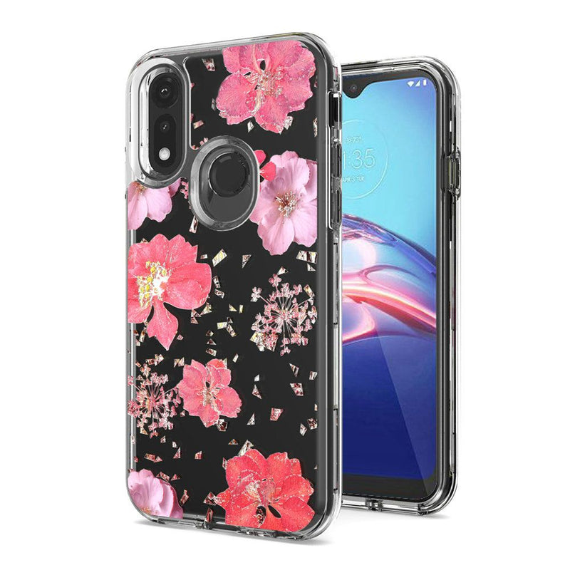 For Motorola Moto E (2020) Floral Glitter Design Case Cover - Pink Flowers