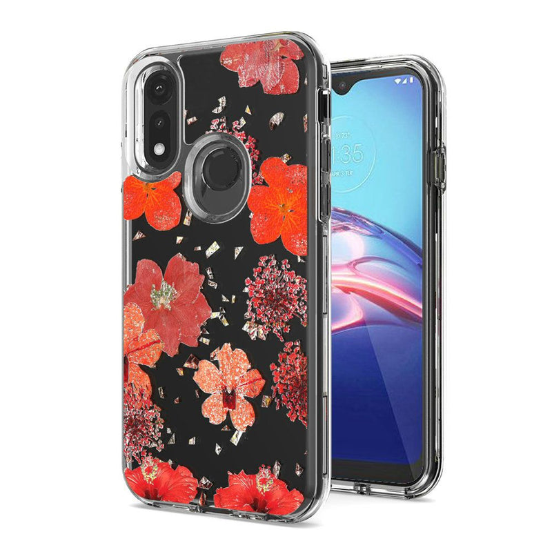 For Motorola Moto E (2020) Floral Glitter Design Case Cover - Red Flowers