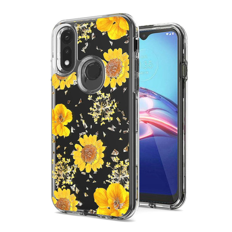 For Motorola Moto E (2020) Floral Glitter Design Case Cover - Yellow Flowers