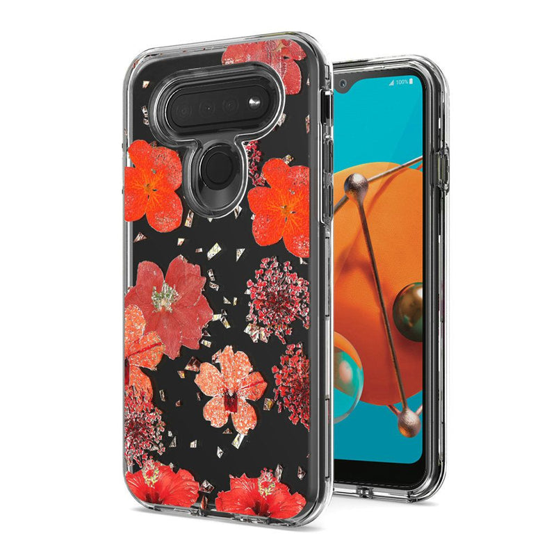 For LG K51 Floral Glitter Design Case Cover - Red Flowers