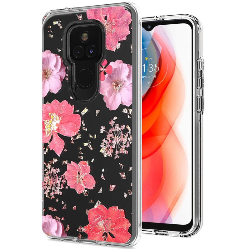 For Motorola Moto G Play 2021 Floral Glitter Design Case Cover - Pink Flowers