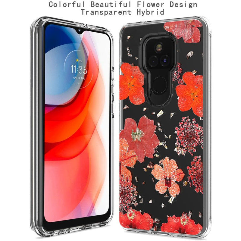 For Motorola Moto G Play 2021 Floral Glitter Design Case Cover - Red Flowers