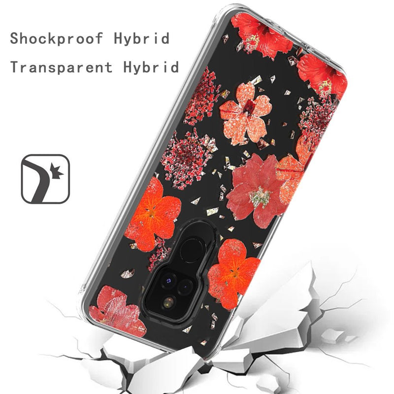 For Motorola Moto G Play 2021 Floral Glitter Design Case Cover - Red Flowers