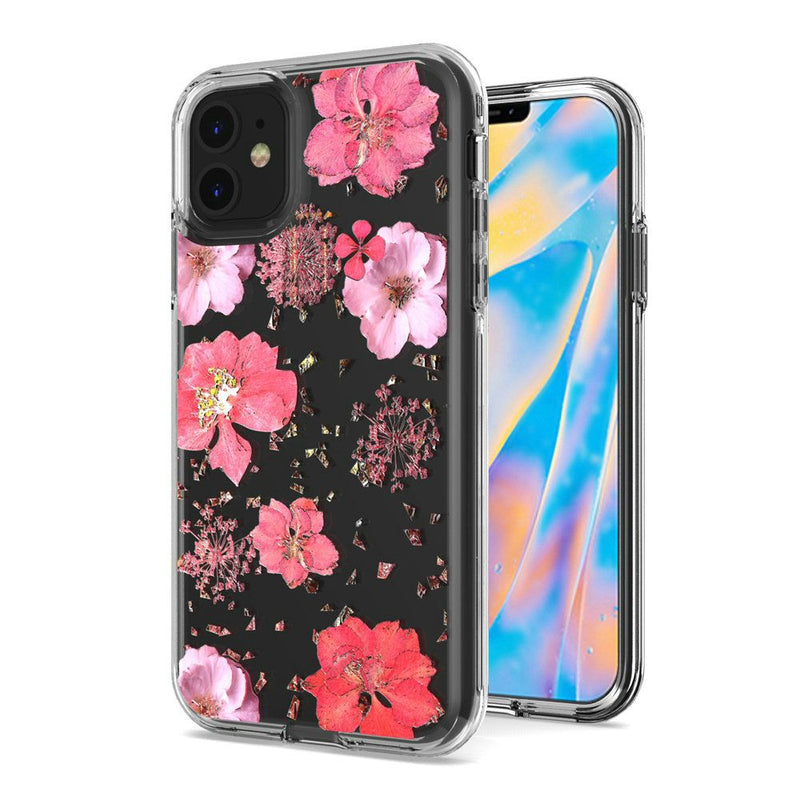 For iPhone 12 Mini 5.4 Floral Glitter Design Case Cover - Pink Flowers