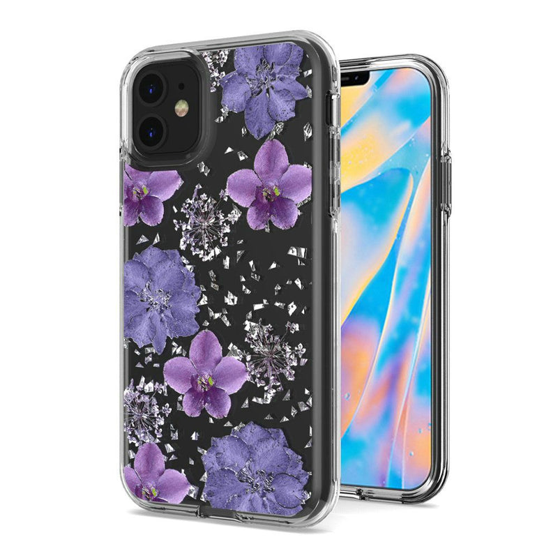 For iPhone 12 Mini 5.4 Floral Glitter Design Case Cover - Purple Flowers