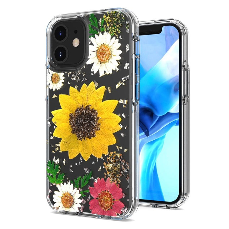 For iPhone 12 Mini 5.4 Floral Glitter Design Case Cover - Sunflower