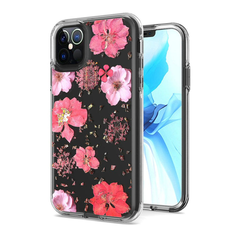 For iPhone 12/Pro (6.1 Only) Floral Glitter Design Case Cover - Pink Flowers
