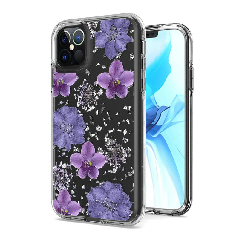 For iPhone 12/Pro (6.1 Only) Floral Glitter Design Case Cover - Purple Flowers