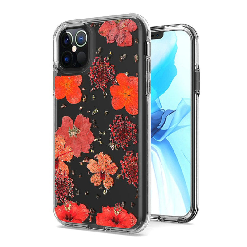 For iPhone 12/Pro (6.1 Only) Floral Glitter Design Case Cover - Red Flowers