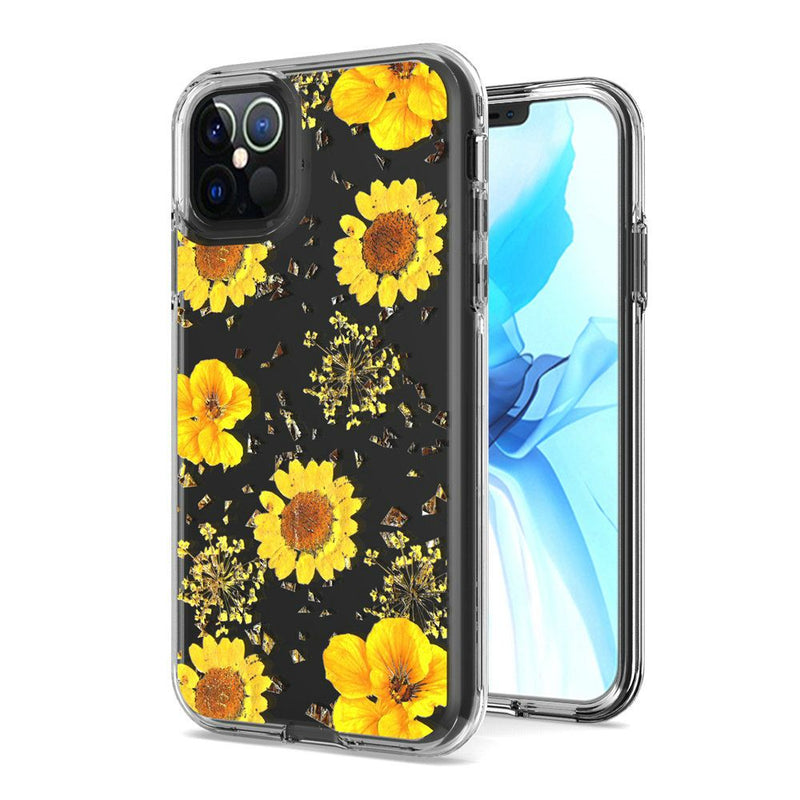 For iPhone 12/Pro (6.1 Only) Floral Glitter Design Case Cover - Yellow Flowers