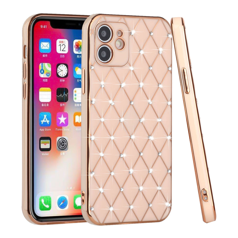 For iPhone 14 PLUS Diamonds on Electroplated Grid Design TPU Case Cover - Rose Gold