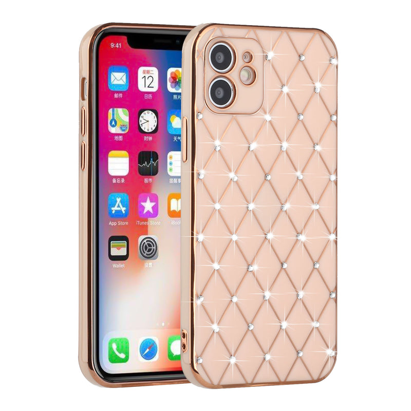 For iPhone 14 PLUS Diamonds on Electroplated Grid Design TPU Case Cover - Rose Gold