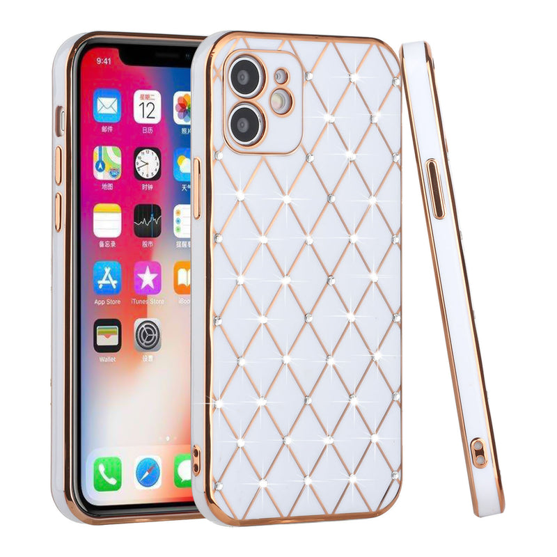 For iPhone 14 PLUS Diamonds on Electroplated Grid Design TPU Case Cover - White