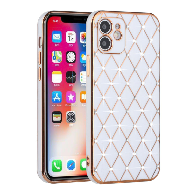 For iPhone 14 PLUS Diamonds on Electroplated Grid Design TPU Case Cover - White