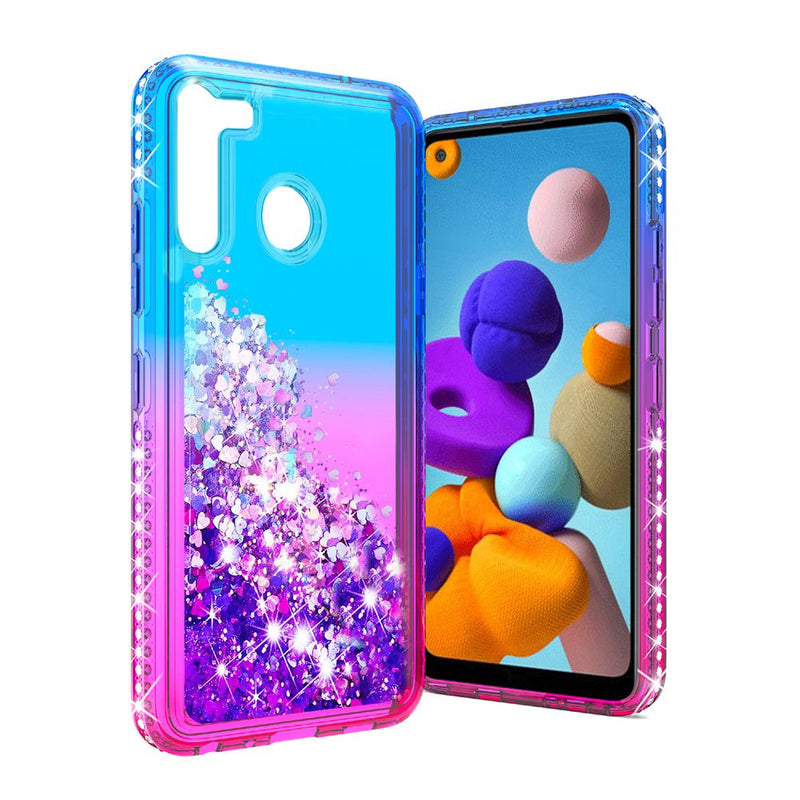 For Samsung Galaxy A21 Diamond Edged Quicksand Glitter Case Cover - Blue+Hot Pink