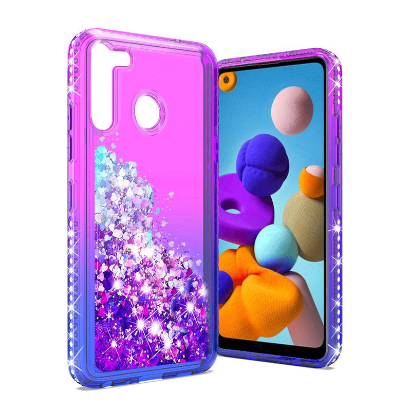 For Samsung Galaxy A21 Diamond Edged Quicksand Glitter Case Cover - Purple+Blue