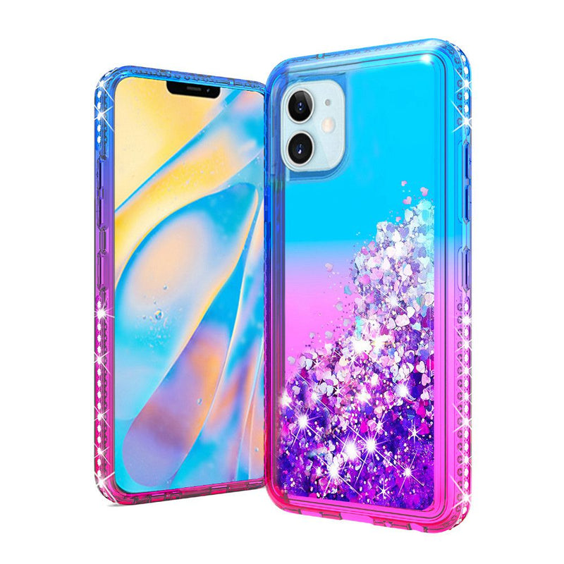 For iPhone 12 Mini 5.4 Diamond Edged Quicksand Glitter Case Cover - Blue+Hot Pink