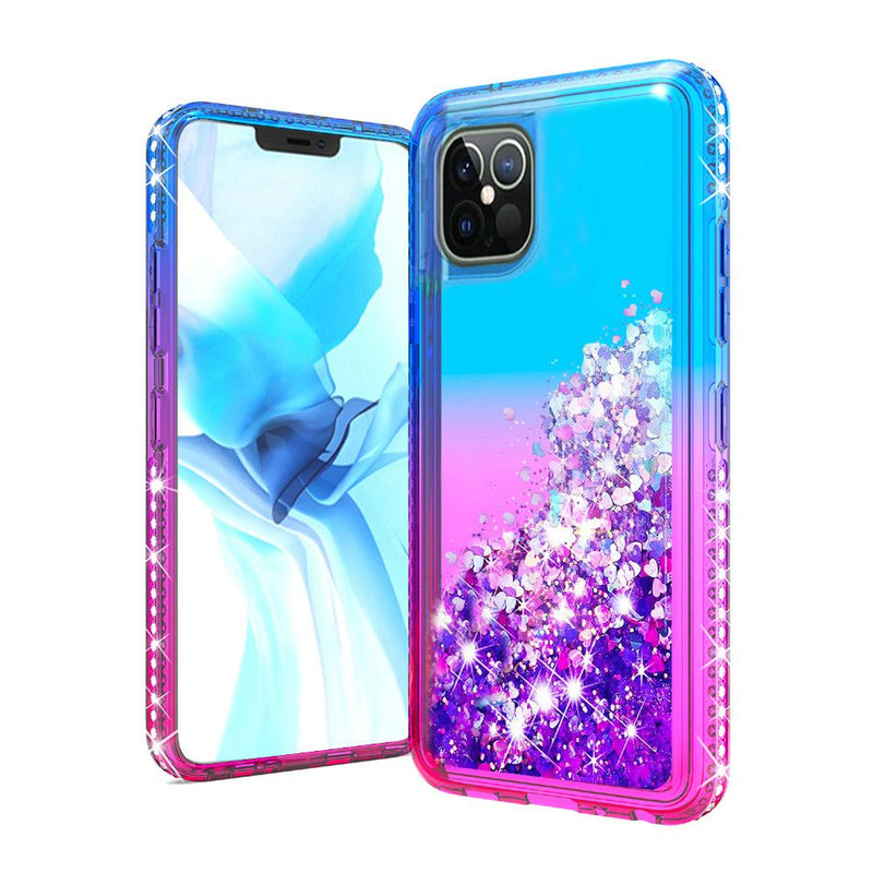 Diamond Edged Quicksand Glitter Case Cover For iPhone 12/Pro (6.1 Only) - Blue+Hot Pink