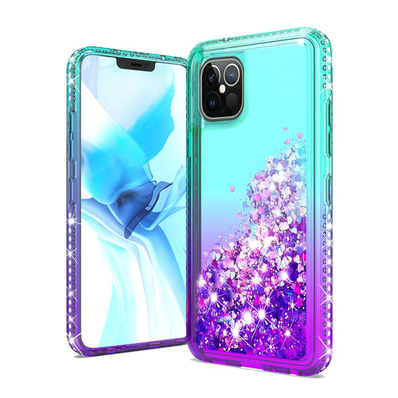 For iPhone 12/Pro (6.1 Only) Diamond Edged Quicksand Glitter Case Cover - Green+Purple