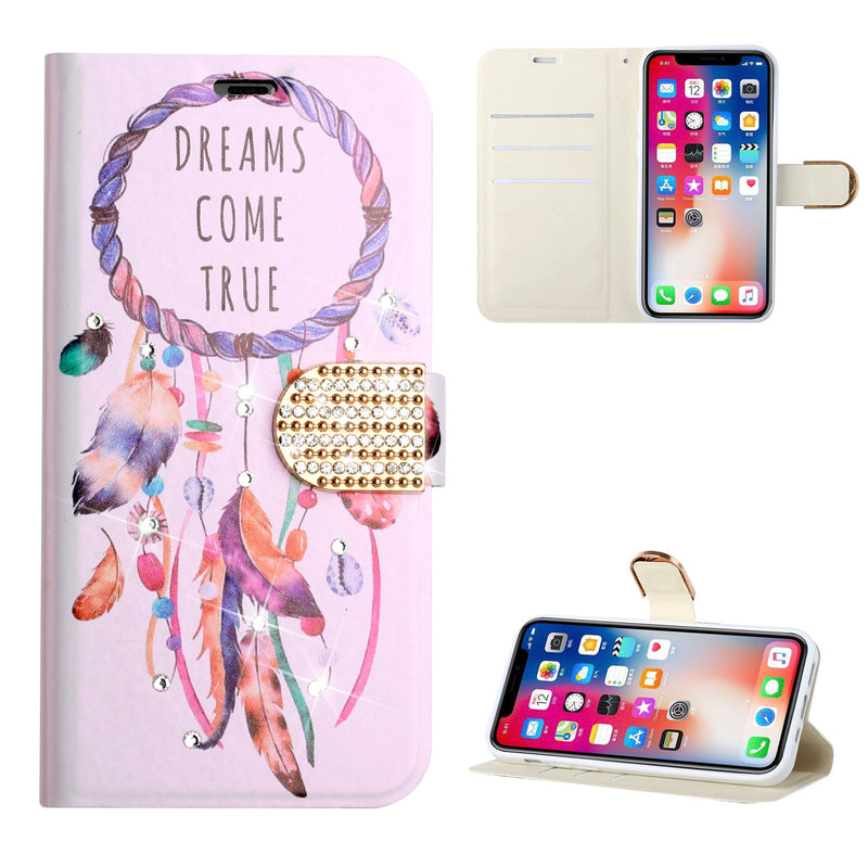 For iPhone 13 6.1 Diamond Bling Vegan Leather Wallet Design Cover Case - Dreams Come True