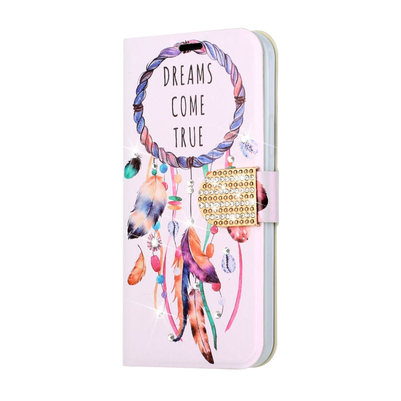 For iPhone 13 6.1 Diamond Bling Vegan Leather Wallet Design Cover Case - Dreams Come True