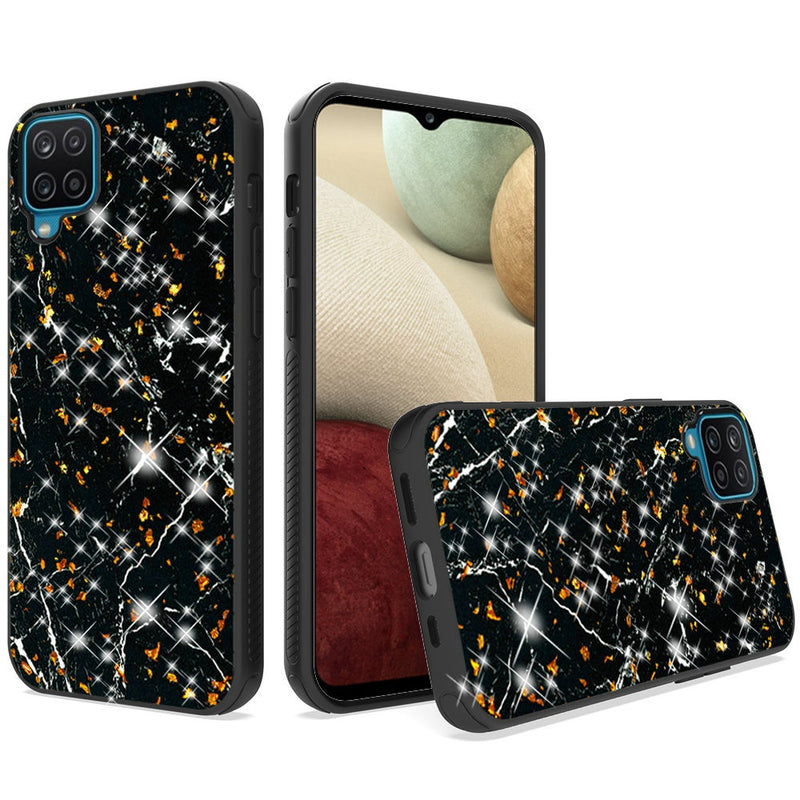 For Samsung A12 Glitter Printed Design Hybrid Cover Case - Black Gold Marble