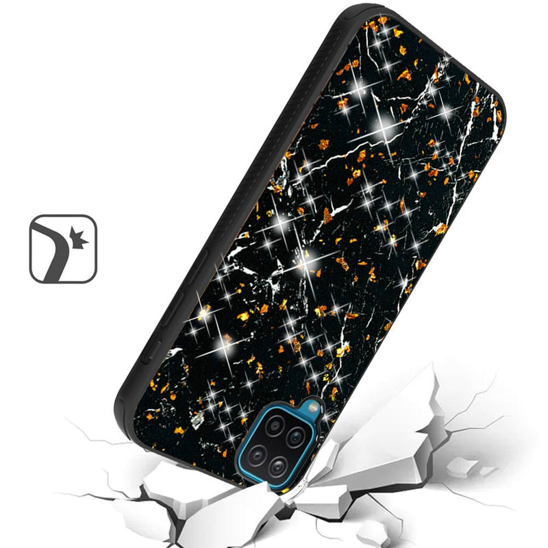 For Samsung A12 Glitter Printed Design Hybrid Cover Case - Black Gold Marble