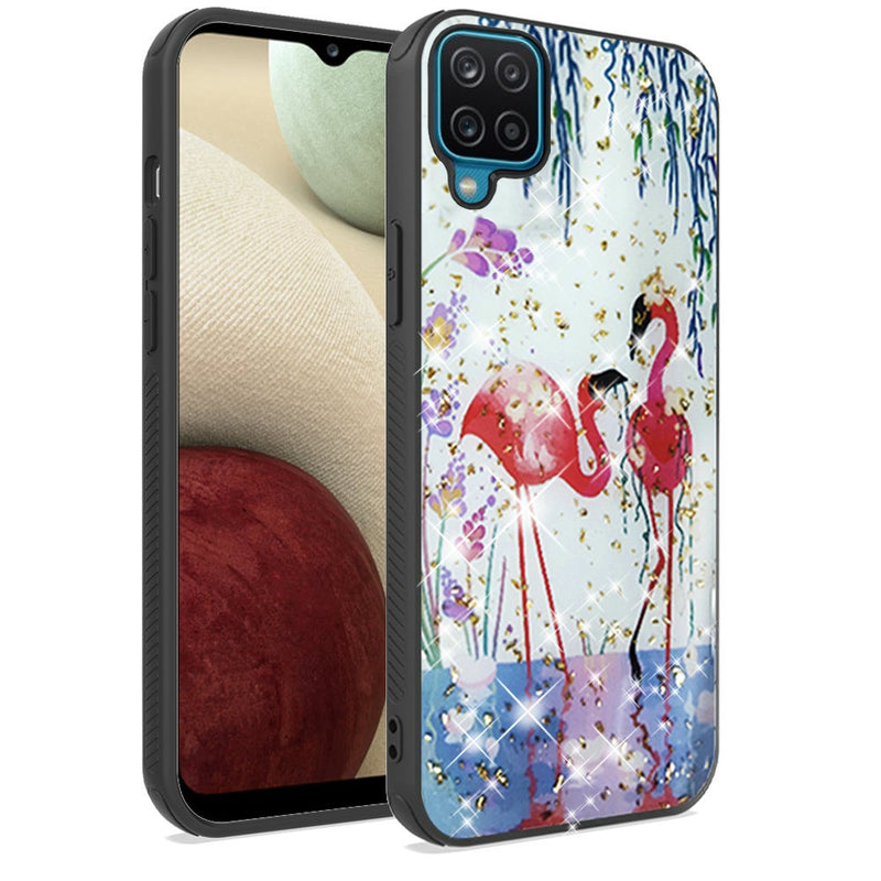 For Samsung A12 Glitter Printed Design Hybrid Cover Case - Pair Flamingo