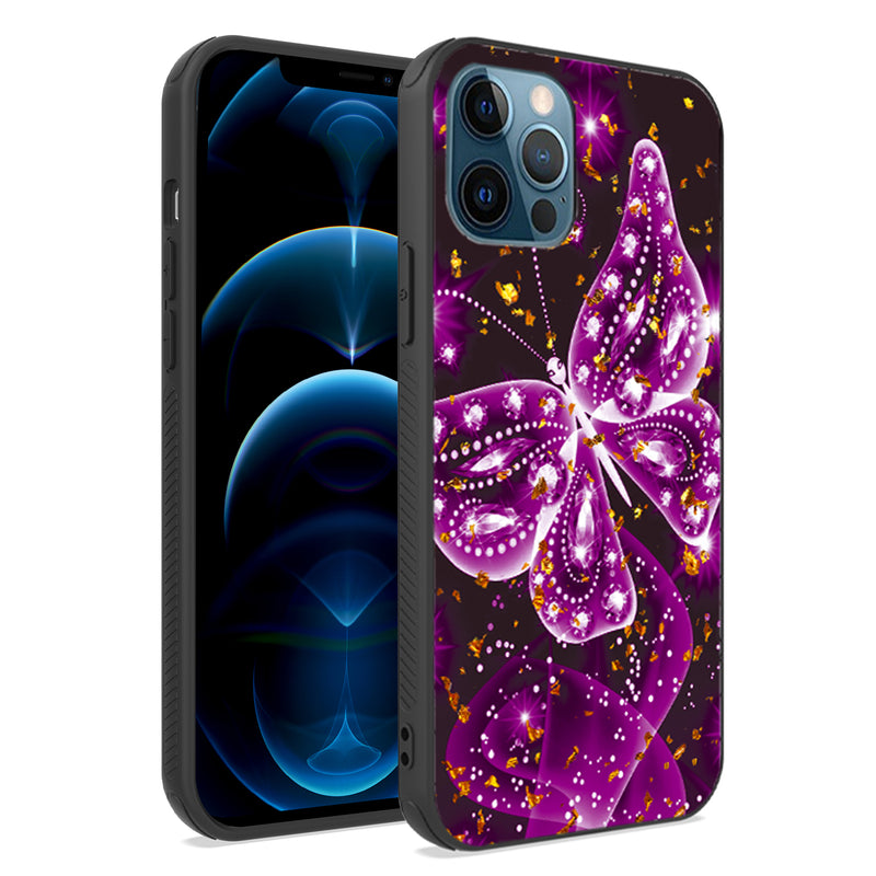 For iPhone 12/Pro (6.1 Only) Glitter Printed Design Hybrid Cover Case - Exotic Butterfly