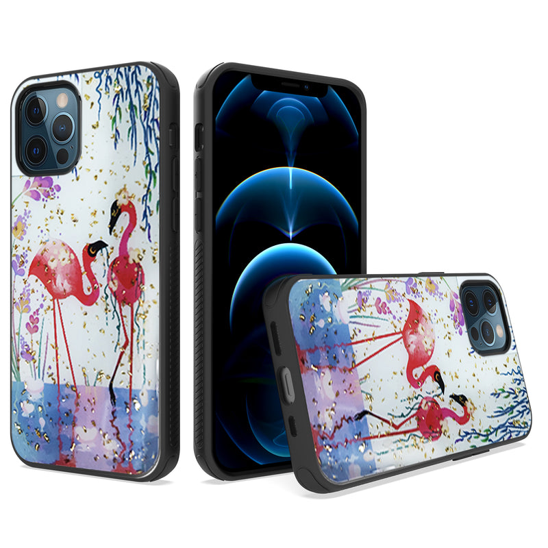 For iPhone 12/Pro (6.1 Only) Glitter Printed Design Hybrid Cover Case - Pair Flamingo