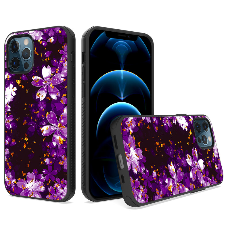For iPhone 12/Pro (6.1 Only) Glitter Printed Design Hybrid Cover Case - Purple Flower
