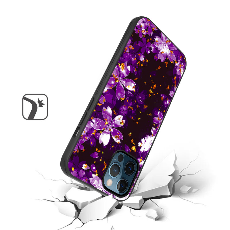 For iPhone 12/Pro (6.1 Only) Glitter Printed Design Hybrid Cover Case - Purple Flower
