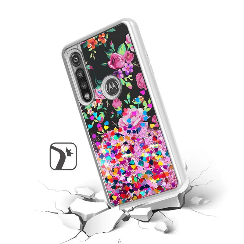 For Motorola Moto G Power (2020) Design Water Quicksand Glitter Case Cover - Pink Purple Flower